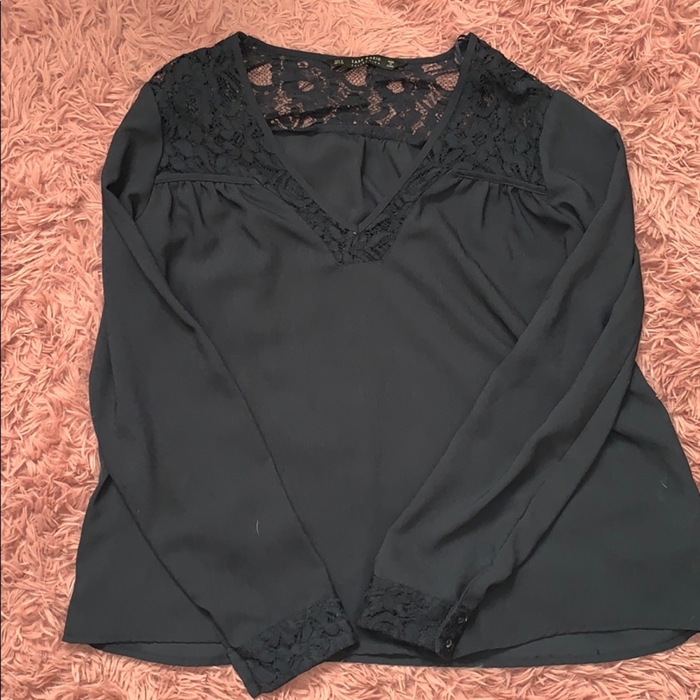 Navy Blue Lace Long Sleep Blouse